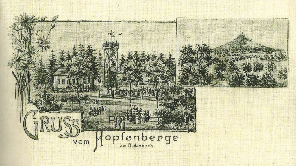 Dobová pohlednice rozhledny a restaurace na vrchlolu chmelníku z roku 1903